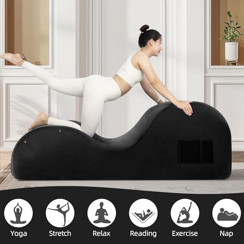 Chaise Lounge Chair for Yoga, Chaise Lounge with Headrest, Waist Pad, Foot Pad, Washable Cover Side Pockets Non-Slip Bottom, Yoga Chair for Relaxation Stretching, (Pink, X-L)