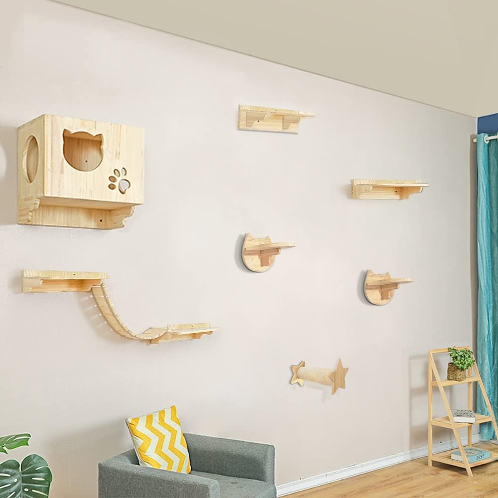 La La Pet® Wall Mounted Cat Furniture Wooden Cat Shelves and Perches for Wall Cat Steps Ladder Cat Bed Activity Tree Cat Climbing Structure Modern Cat Lounger Climber Set of 9