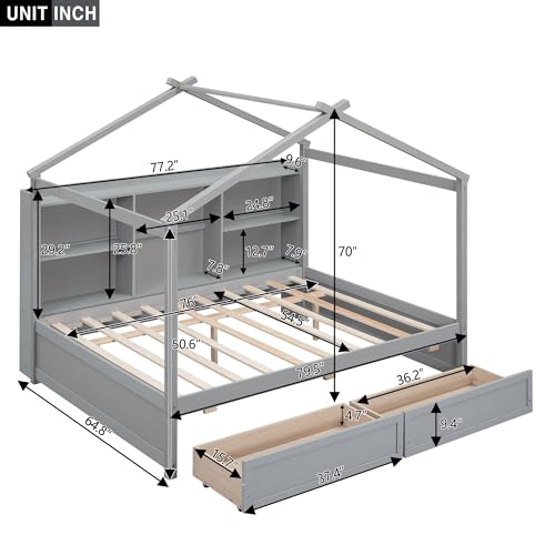 Full Size House Bed with Twin Size Trundle and Storage, Montessori Bed Wood Playhouse Bed Frame,Wooden Kids Bed Frame with Roof Design (White/Full Size House Bed-002)