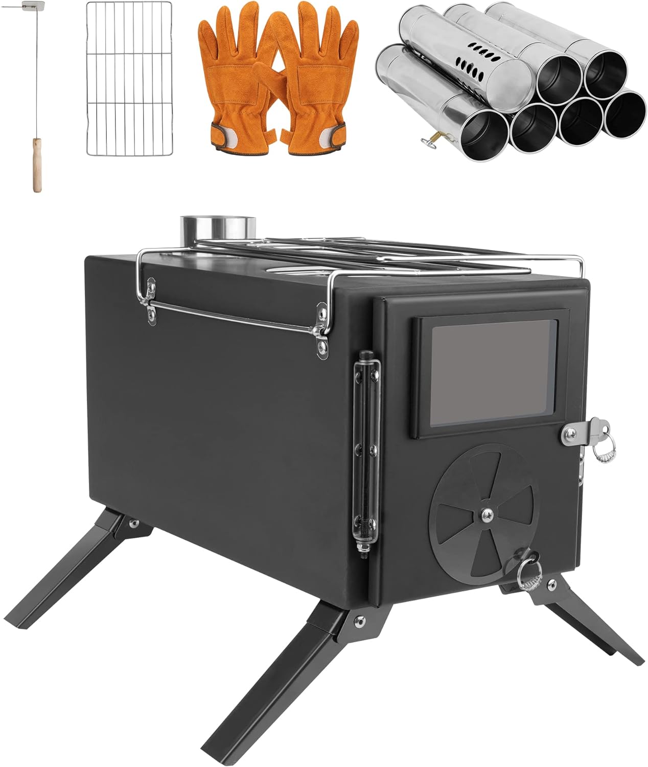 Wood Burning Stove for Hot Tents, Camping Stove with Chimney Pipes for Tents, Shelter, Outdoor Portable Wood Stove for Cooking and Heating