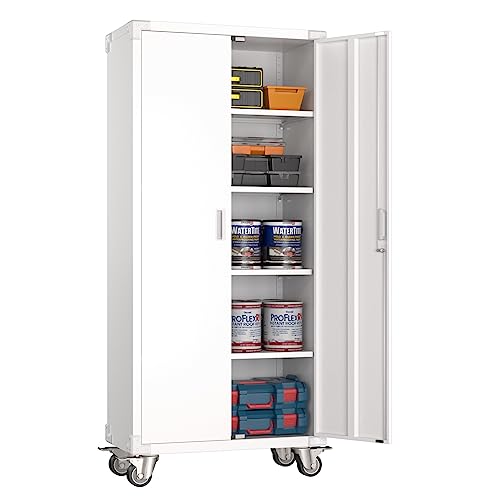 Aobabo Garage Storage Cabinet with Wheels,72" H Metal Storage Cabinet with 2 Doors and 4 Adjustable Shelves for Garage Home, Black,Required-Assembly