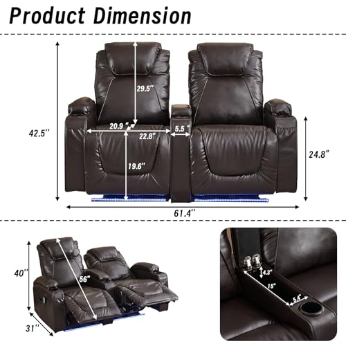 Power Loveseat Recliner Chair, Electric Home Theater Seating with Storage Armrest, Wall Hugger RV Double Reclining Sofa Chairs with Outlet/LED Light/Cup Holder for Living room (Brown)