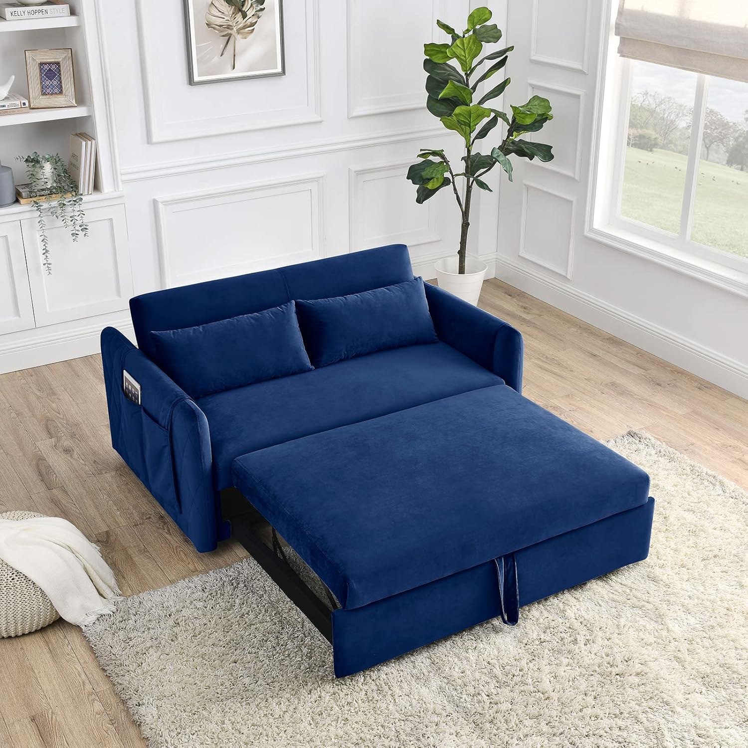 Ucloveria Sleeper Sofa Couch w/Pull Out Bed, 55" Modern Velvet Convertible Sleeper Sofa Bed, Small Love seat Sofa Bed w/Pillows & Side Pockets for Small Space, Living Room, Apartment