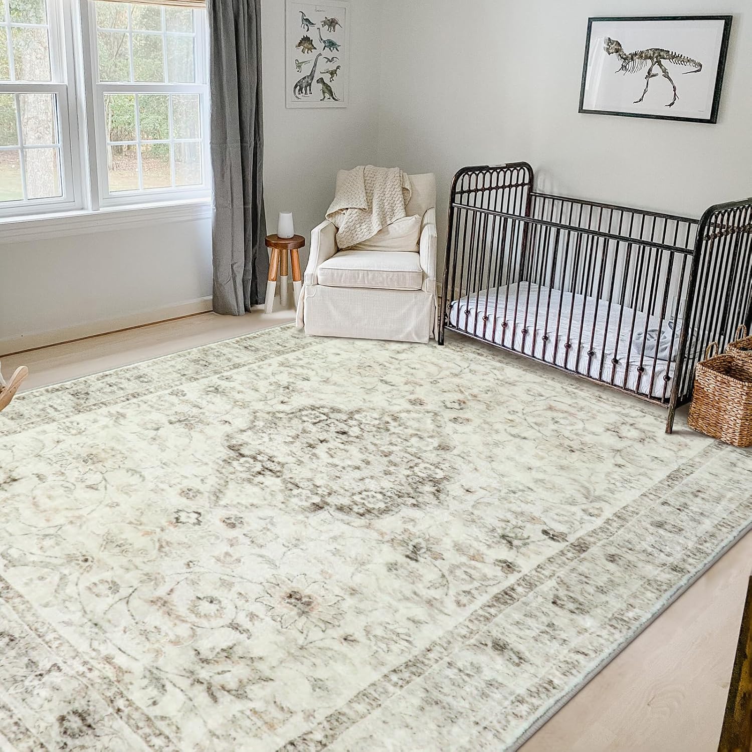 LIVEBOX Machine Washable Area Rugs 8x10 - Large Farmhouse Rugs for Living Room Oriental Rug for Bedroom, Non-Slip Retro Medallion Carpet Print Distressed Rug for Dining Room Guest Room Office, Taupe
