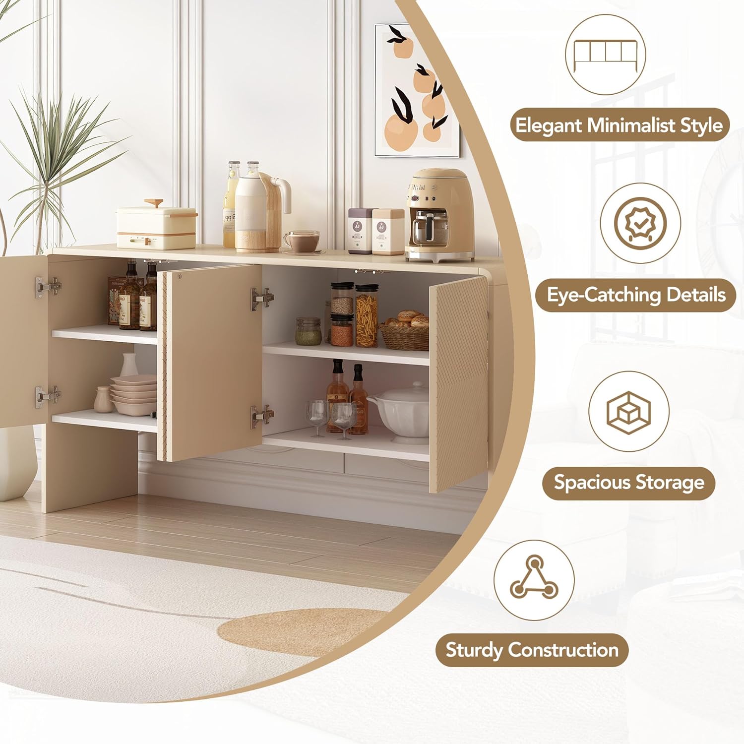 Large 60" Storage Sideboard with 4 Doors, Adjustable Shelves and Rebound Device, Minimalist Style Buffet Cabinet for Living Room and Entryway, Apricot Cream