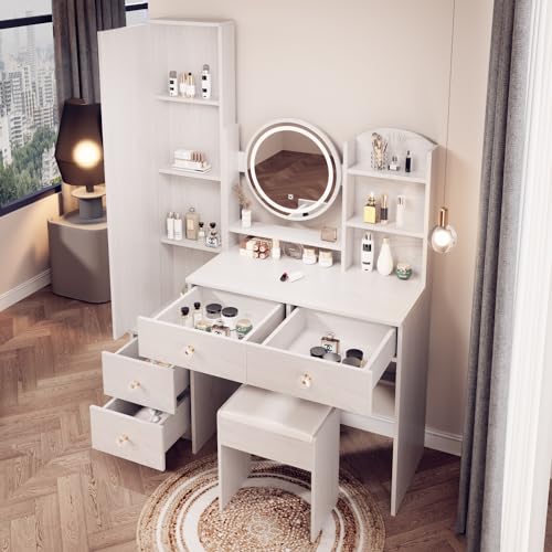Makeup Vanity Set Touch Control 3 Color Brightness Adjustable Lights Mirror Dressing Table Set with Full Body Mirror Make up Desk with Cabinet Stool Simple Fashionable White Oak
