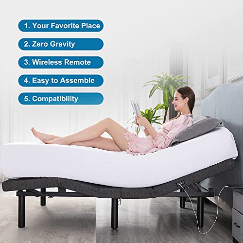 S*MAX Adjustable Bed Frame Twin XL Dual Motors Dual USB Ports Wireless Remote Control Night Light Zero Clearance Zero gravity Anti-Snoring Adjustable Bed Base Head and Foot Incline