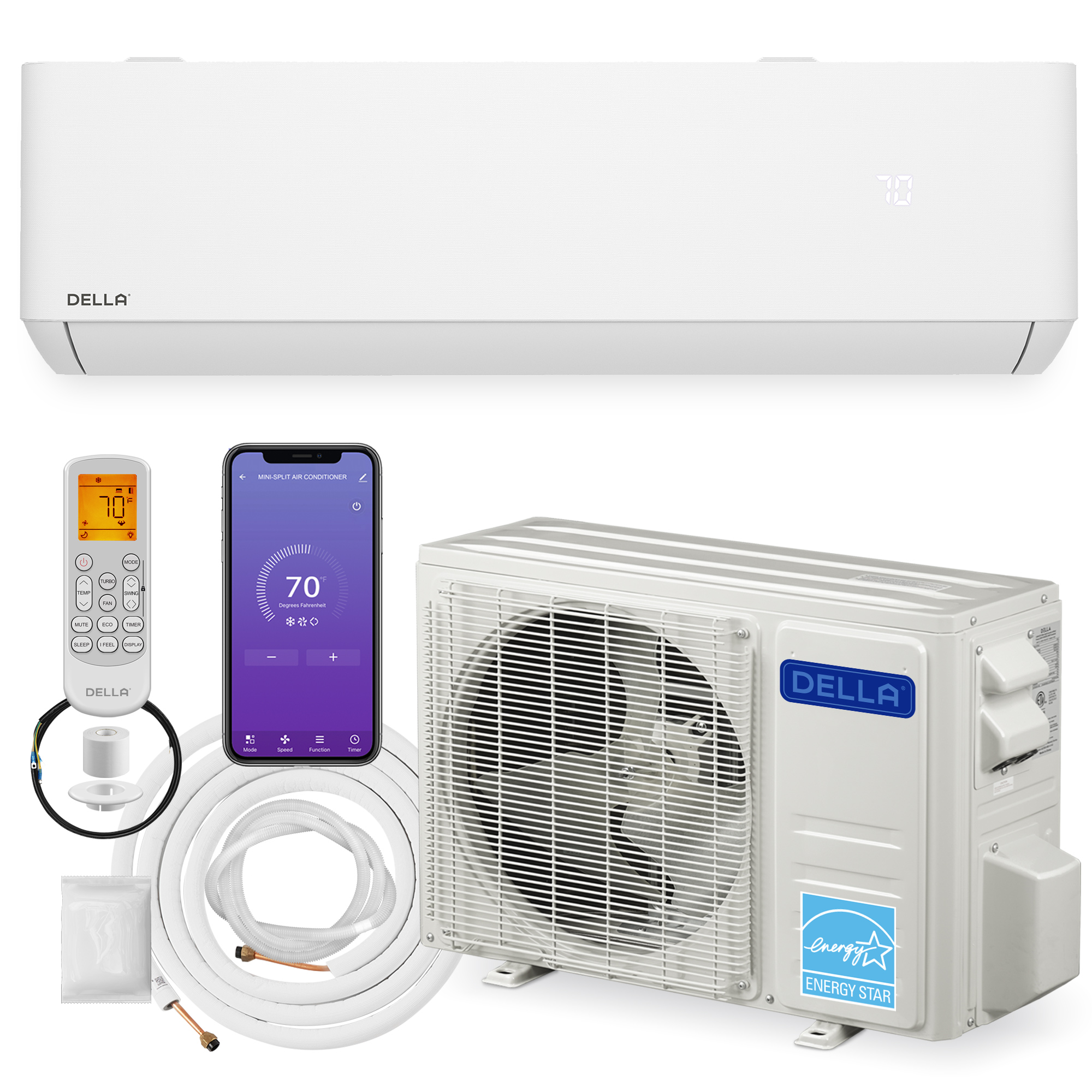 DELLA Optima Series 12,000 BTU Wifi Mini Split AC, Work with Alexa,Energy Star 208/230V 23 SEER2 Cools Up to 550 Sq.Ft Inverter Air Conditioner w/1 Ton Pre-Charged Heat Pump & 16.4ft Installation Kits