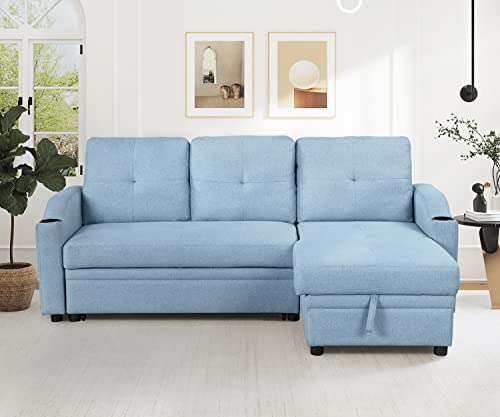 80.3" Pull Out Sofa Bed Modern Padded Upholstered Sofa Bed, Linen Fabric 3 Seater Couch with Storage Chaise and Cup Holder, Small Couch for Small Spaces Primary Living Room Sectionals