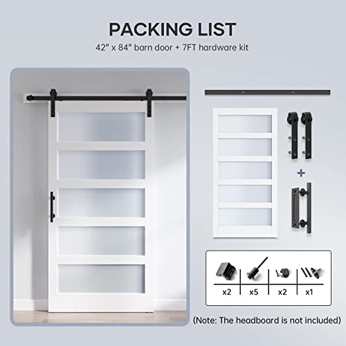 36x84 Inch Glass Sliding Barn Door Slab and 6.6ft Hardware Kit Included, 5 Frosted Glass, LVL Wood Panel Covered with White Water-Proof Scratch-Proof PVC Surface, Simple DIY Assembly