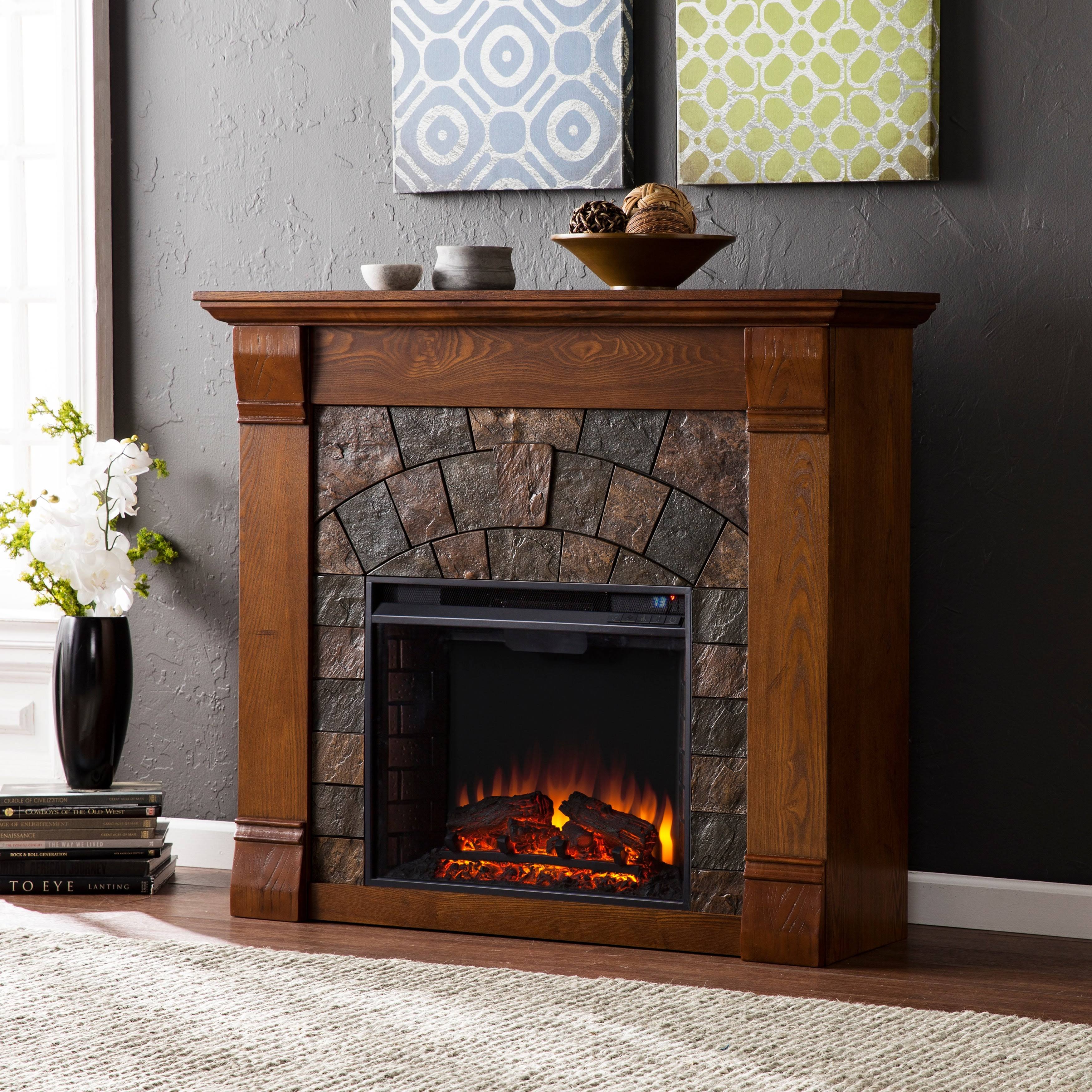 Pine (Green) Canopy August Antique Oak Electric Fireplace, Pine Canopy