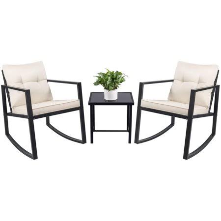 Devoko 3 Piece Rocking Bistro Set Wicker Patio Outdoor Furniture Porch Chairs Conversation Sets with Glass Coffee Table (Beige)