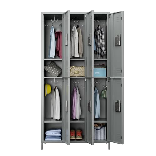 METAN Metal Storage Locker for School Office Gym Bedroom, 12 Doors Locker Cabinet for Employees, Industrial Steel Storage Locker with 12 Hooks, Assembly Required (12 Door-Light Gray)