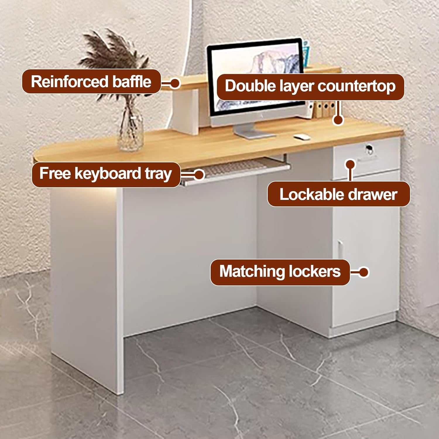 Office Reception Counter Desk with LED Lights, Front Counter Desk with Lockable Drawer, Retail Counter Checkout, Cashier Desk, for Lobby Retail Clothing Salon Shop Hotel (J 1)