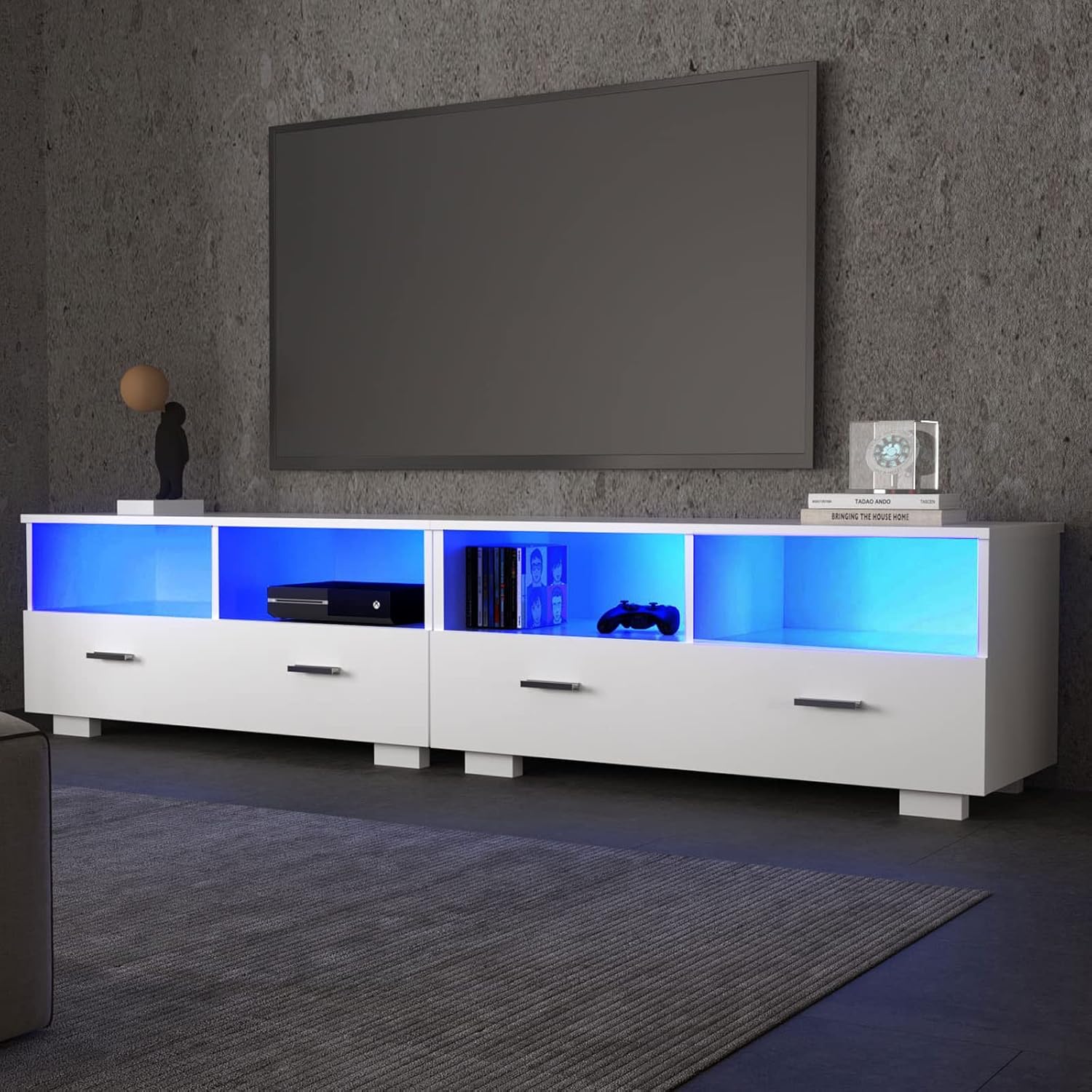 4 EVER WINNER TV Stand for 75+ Inch TV, LED TV Stands for Living Room with Storage Entertainment Center, Modern TV Console Table with Drawers for Bedroom, White