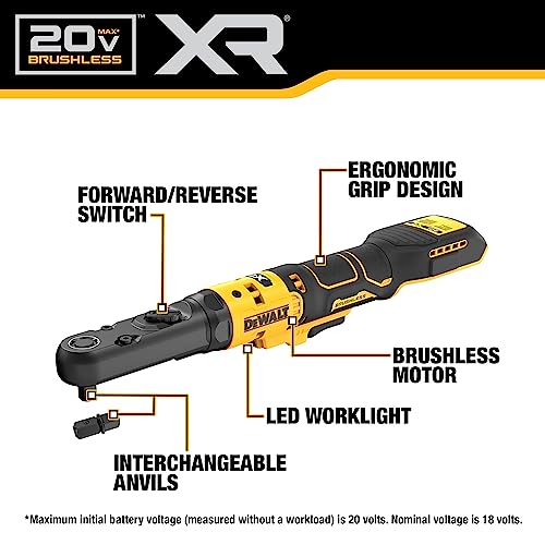 DEWALT 20V MAX XR Cordless Ratchet, 3/8" and 1/2" Sealed Head Ratchet, Bare Tool Only (DCF510B)