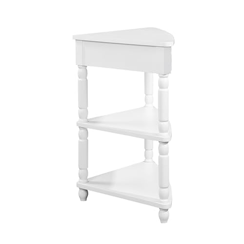 Knocbel Corner Table for Small Spaces, Triangle Side Table TV Stand with Small Drawer and Storage Shelves, Easy Assembly (Milk White)
