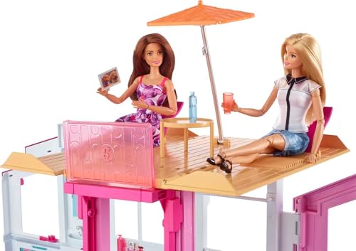 Barbie Doll House Playset, 3-Story Townhouse with 4 Rooms & Rooftop Lounge, Furniture & Accessories Including Swinging Chair (Amazon Exclusive)