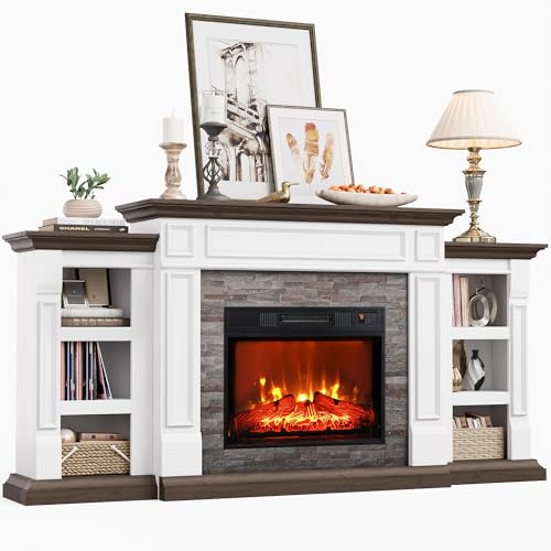 70" Electric Fireplace with Mantel, Fireplace TV Stand for TVs Up to 80 Inch, Farmhouse Entertainment Center with Storage, Realistic Stacked Stone Surround with Remote Control for Living Room,Bedroom