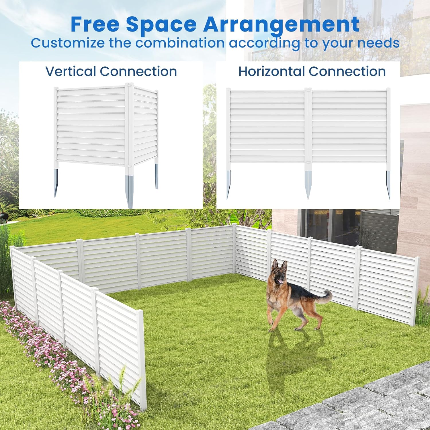 Giantex Air Conditioner Fence 2 Panels - 44''W x 45''H Outdoor Privacy Screens with 4 Metal Stakes, Decorative PVC Trash Can Enclosure, White Louvered AC Fence for Outside Unit Pool Garden Yard