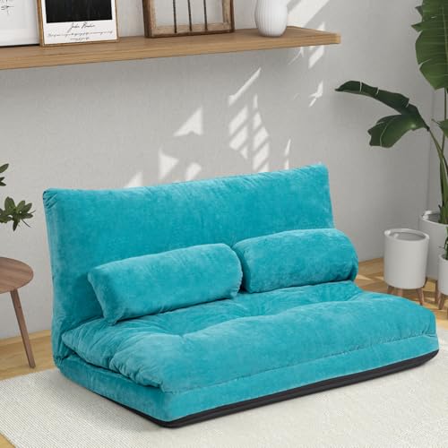 KOMFOTT Foldable Floor Lazy Sofa with 2 Pillows, 6-Position Adjustable Reclining Sofa Sleeper Bed, Convertible Futon Couch Bed, Floor Couch Lounge for Relaxing, Reading, Playing, Gaming (Beige)