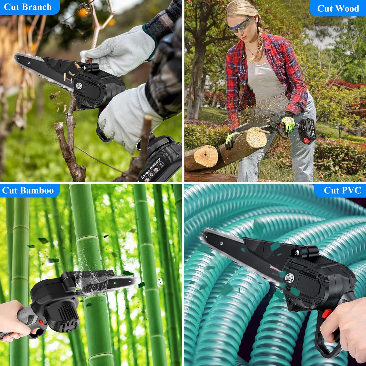 6-Inch Mini Chainsaw with Safety Lock LED light 24V Lithium Battery Cordless Electric Chainsaw Lightweight 2 Batteries and Chains Pruning Shears Chain Saw Pack of 2