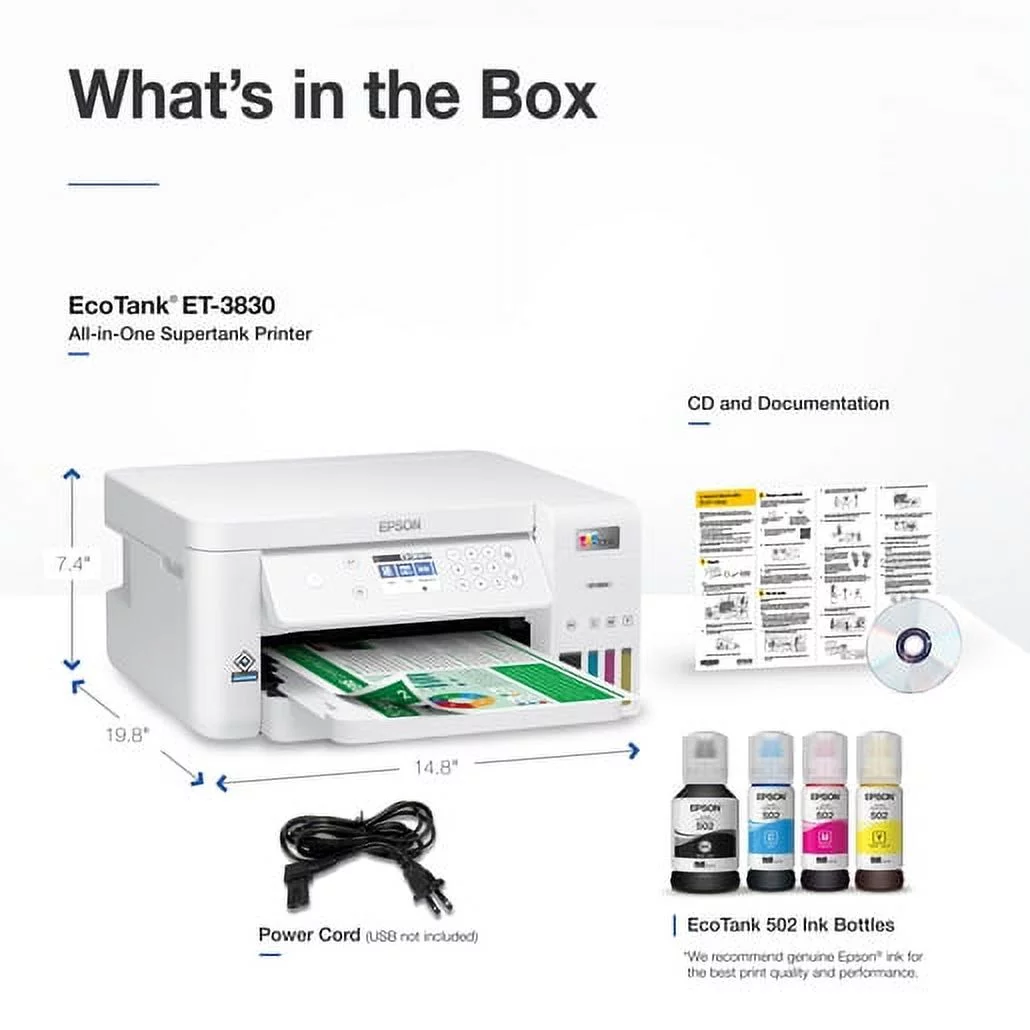 Epson EcoTank ET-3830 Wireless Color All-in-One Cartridge-Free Supertank Printer with Scan, Copy, Auto 2-sided Printing and Ethernet ? The Perfect Printer for Productive Families