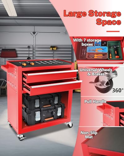 Heavy-Duty 7-Drawer Rolling Tool Chest with Wheels, Steel Tool Storage Cabinet with Lock & Liner for Workshop for Workshop/Garage - Includes 7 Organizer Boxes, Black