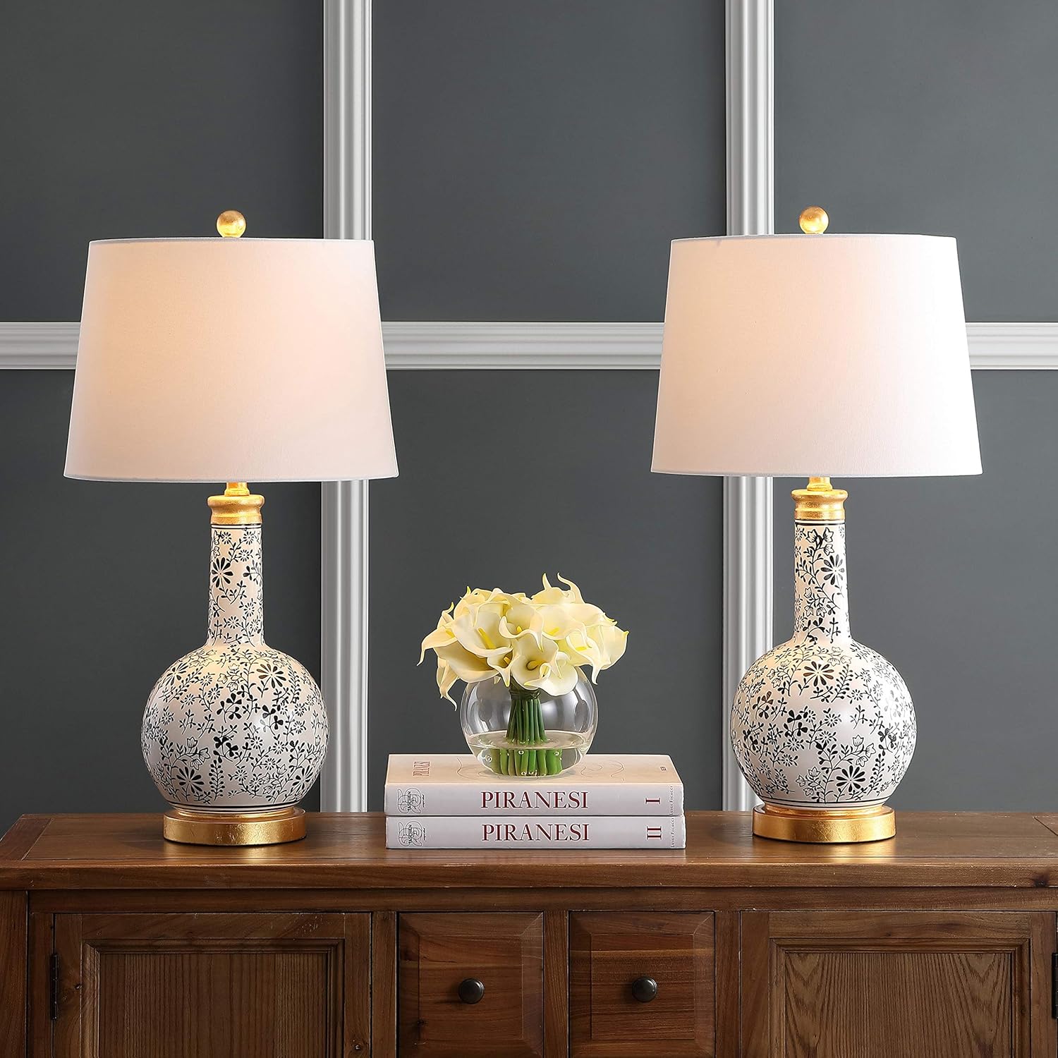 SAFAVIEH Lighting Collection Bodie Floral Black/ White 26-inch Bedroom Living Room Home Office Desk Nightstand Table Lamp Set of 2 (LED Bulbs Included)