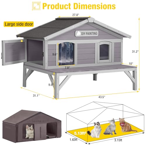 Aivituvin Cat House with Insulated Liner, Large Heated Feral Cats Shelter, Weatherproof Cat Condos for Outdoor Indoor Cats