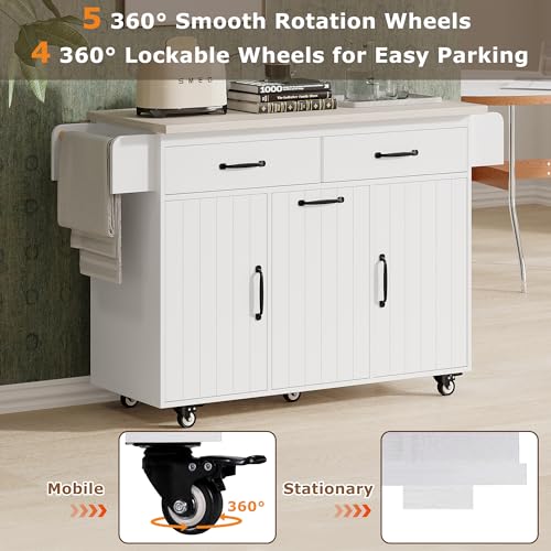 60" Kitchen Island with Drop Leaf and Power Outlet, Rolling Kitchen Cart on Wheels with Trash Can Storage Cabinet, Spice Rack, Towel Rack and Adjustable Shelf for Dining Room