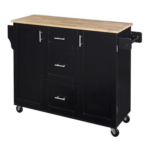 Kitchen Island with Storage and 3 Drawers on Wheels,Rolling Kitchen Cart w/Rubber Wood Top and 2 Slide-Out Shelf,Spice Rack & Tower Rack,Grey Blue