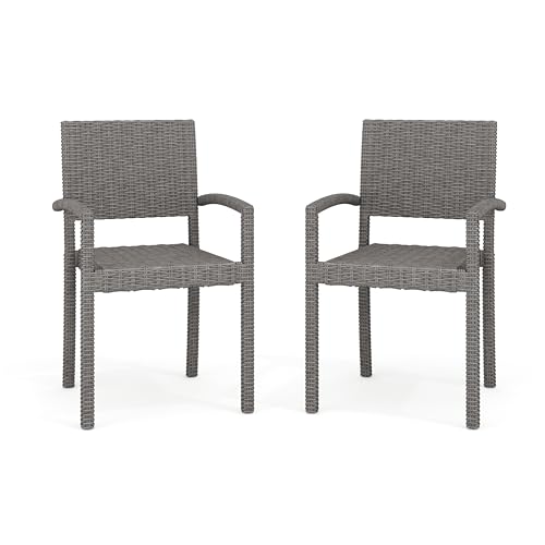 Martha Stewart Bedford Indoor-Outdoor Stackable Patio Armchairs with Rattan Wicker Finish in Brown, Set of 2