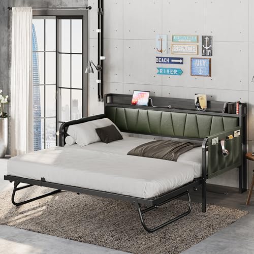 LIKIMIO Daybed with Trundle Bed, Twin Bed Frame with Storage Headboard and Charging Station, Sofa Day Bed with Strong Supports for Living Room, Bedroom, and Guest Room, Grey