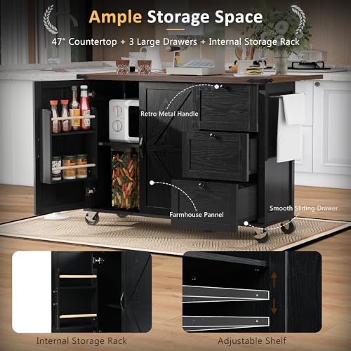 54.5" Farmhouse Mobile Kitchen Island with Power Outlet, Drop Leaf, Spice Rack and Drawer - Rolling Kitchen Cart with Ample Storage, Rustic Storage Islands for Home and Dining Room