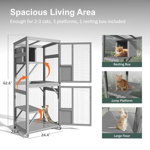 Catio Outdoor Cat Enclosure, Large Cat House for Mulitiple Cats Walk in Cat Cage with Waterproof Cover and Sunshine Panel Roof, Feral Cat Shelter with 7 Platforms and 2 Resting Box, 72 inch