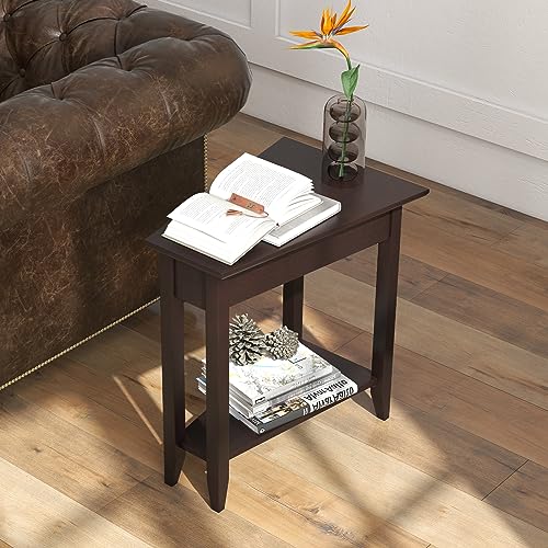 GOFLAME 2-Tier Wedge End Table Set of 2, Narrow Triangle Side Table with Storage Shelf, Solid Wood Legs, Nightstand, Recliner Wedge Table for Living Room, Bedroom, Small Space, White