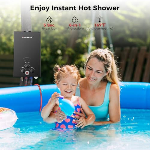 CAMPLUX 2.64 GPM Propane Portable Gas Water Heater, 68,000 BTU Outdoor Tankless Camping Water Heater with Digital Display, White
