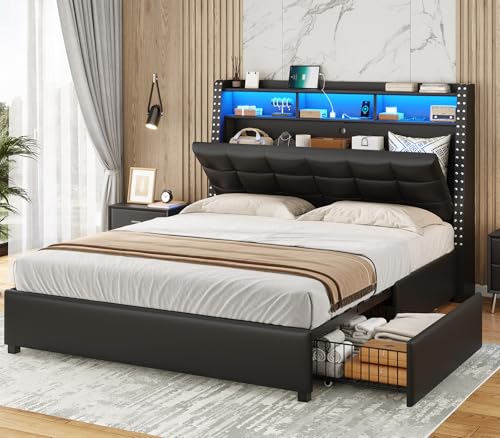 Itaar Queen Bed Frame with Storage Headboard and 4 Drawers, 50" High Upholstered Headboard with Hidden Storage, Platform Bed Frame with Led Lights and Charging Station, No Box Spring Needed, Gray