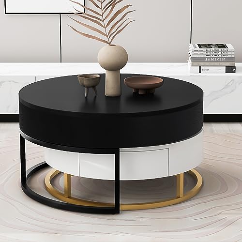 Modern Round Lift-top Nesting Coffee Tables with 2 Drawers for Living Room White & Natural