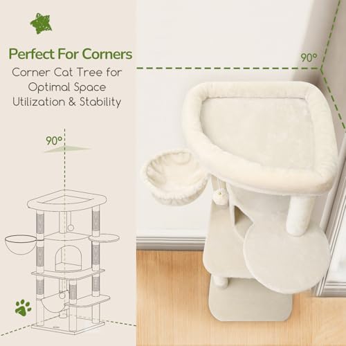 Globlazer Corner Cat Tree for Large Cats, 66inch Tall Curved Series Large Cat Tower for Multiple Indoor Cats with 6 Scratching Posts, 2 Spacious Cat Condos, Hammock, Hanging Basket, C66, Beige