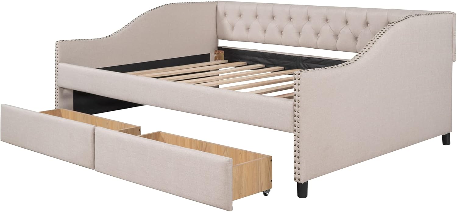 Full Upholstered Daybed Frame with Storage Drawers, Full Size Sofa Bed for Bedroom Living Room Guest Room, Wood Slat Support, Beige