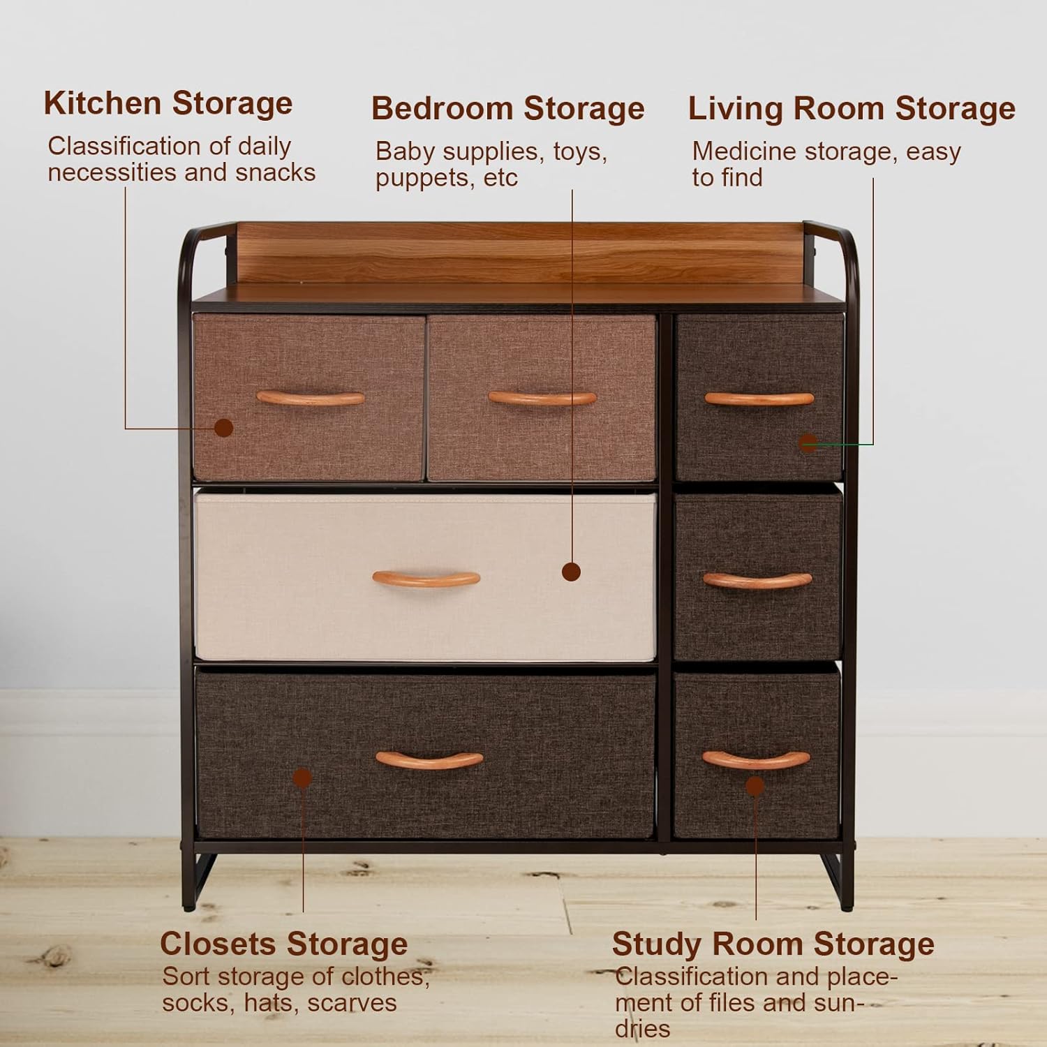 CONNOO Large Storage Dresser Unit, Wide Standing Fabric Dresser Room Organizer Cabinet for Bedroom, Hallway, Entryway, Closet, Nursery, 5 Removable Drawers Storage Tower, Wooden Top & Easy Pull Handle