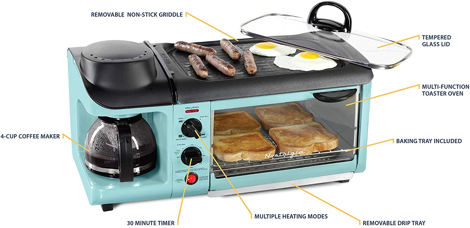NOSTALGIA BSET300AQ Retro 3-in-1 Family Size Breakfast Station, Coffeemaker, Toaster Oven, Griddle, Aqua