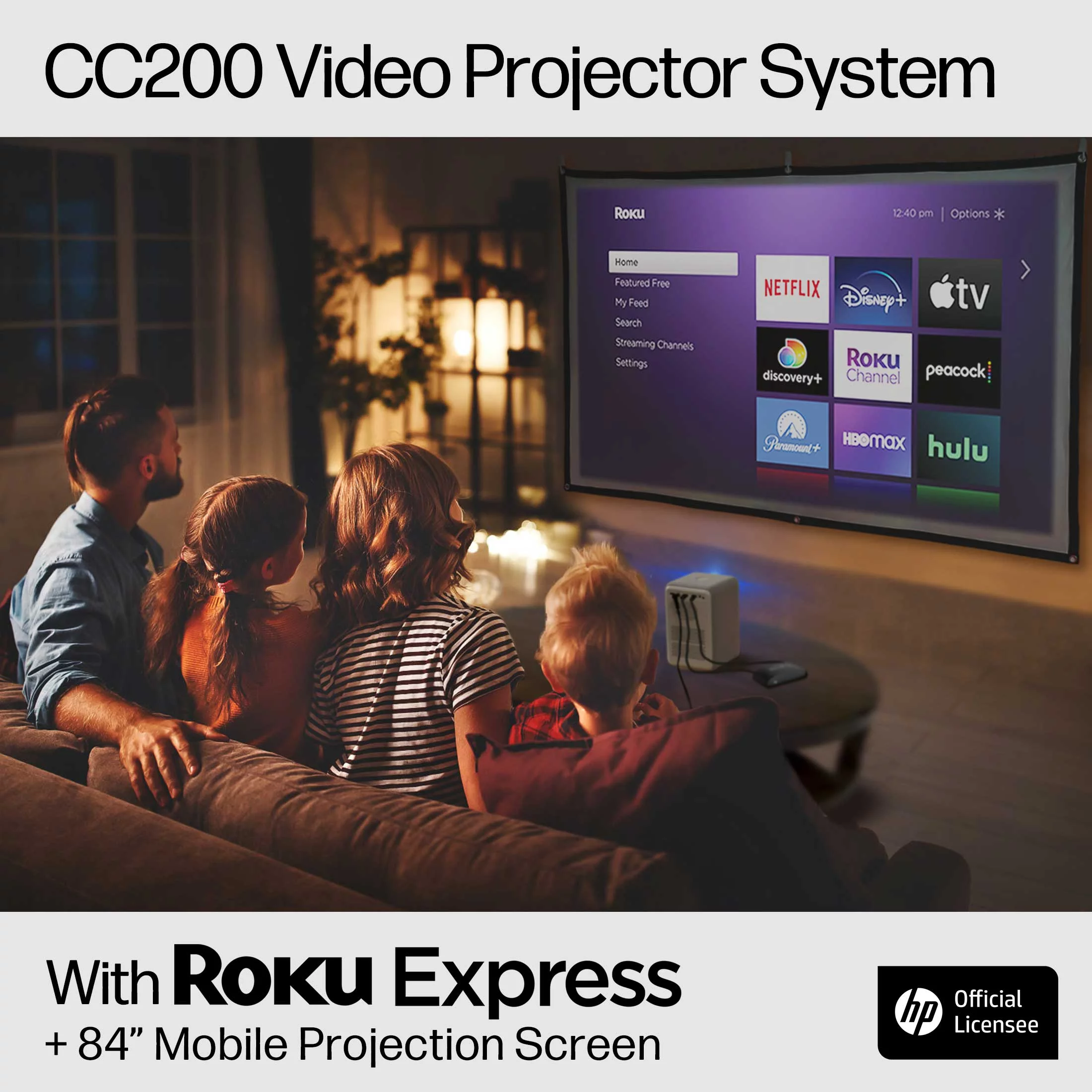HP CC200 FHD LCD LED Projector with Roku Express Streaming Player and 84" Mobile Projection Screen