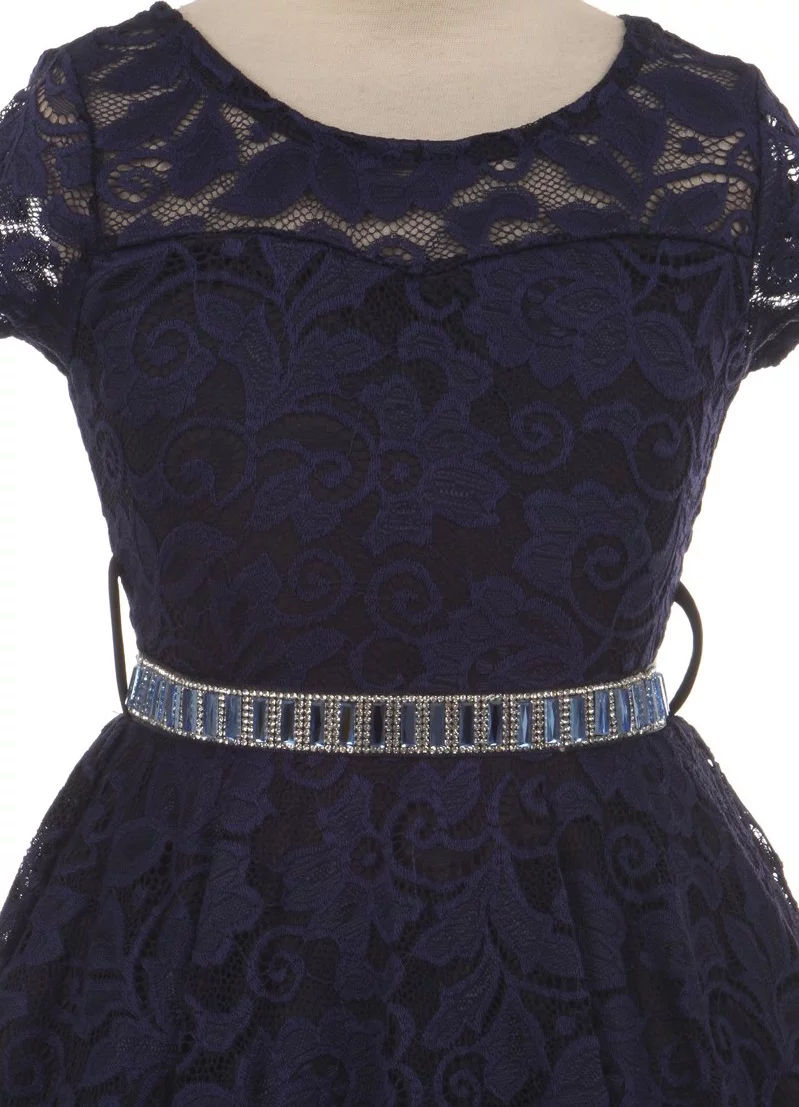 Lovely Floral Lace Rhinestones Skater Party Easter Flower Girl Dress for Big Girl Navy 6 JK19.88S BNY Corner - Curated Treasures Market