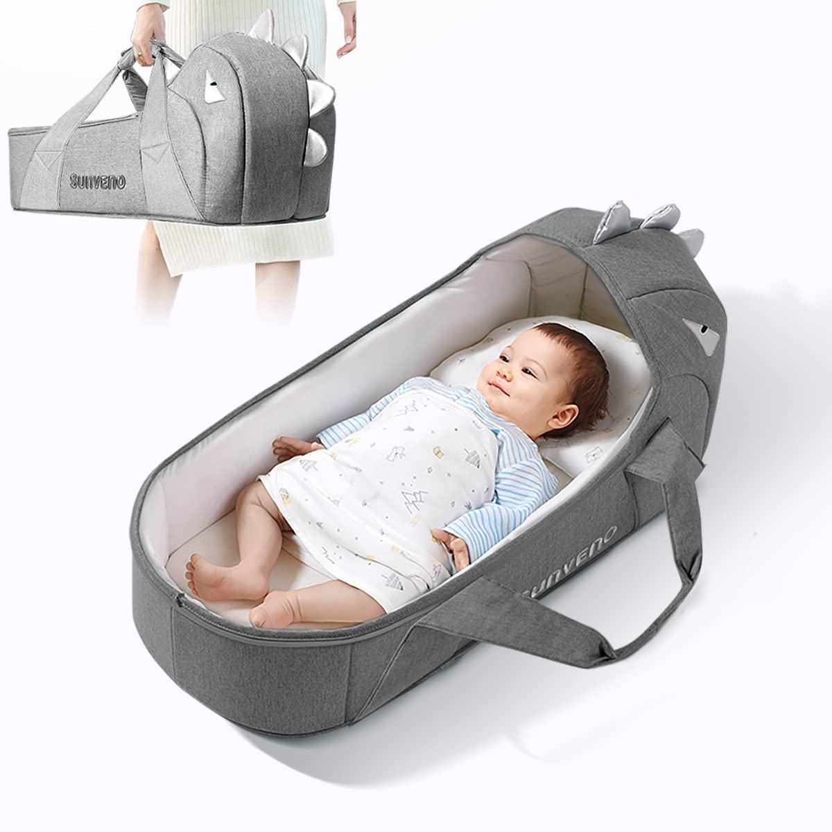 SUNVENO Baby Bed & Baby Lounger, Moses Basket Bassinet Bedside Sleeper Newborn Infant Travel Bed Carrycot for 0-12 Months (Gray)