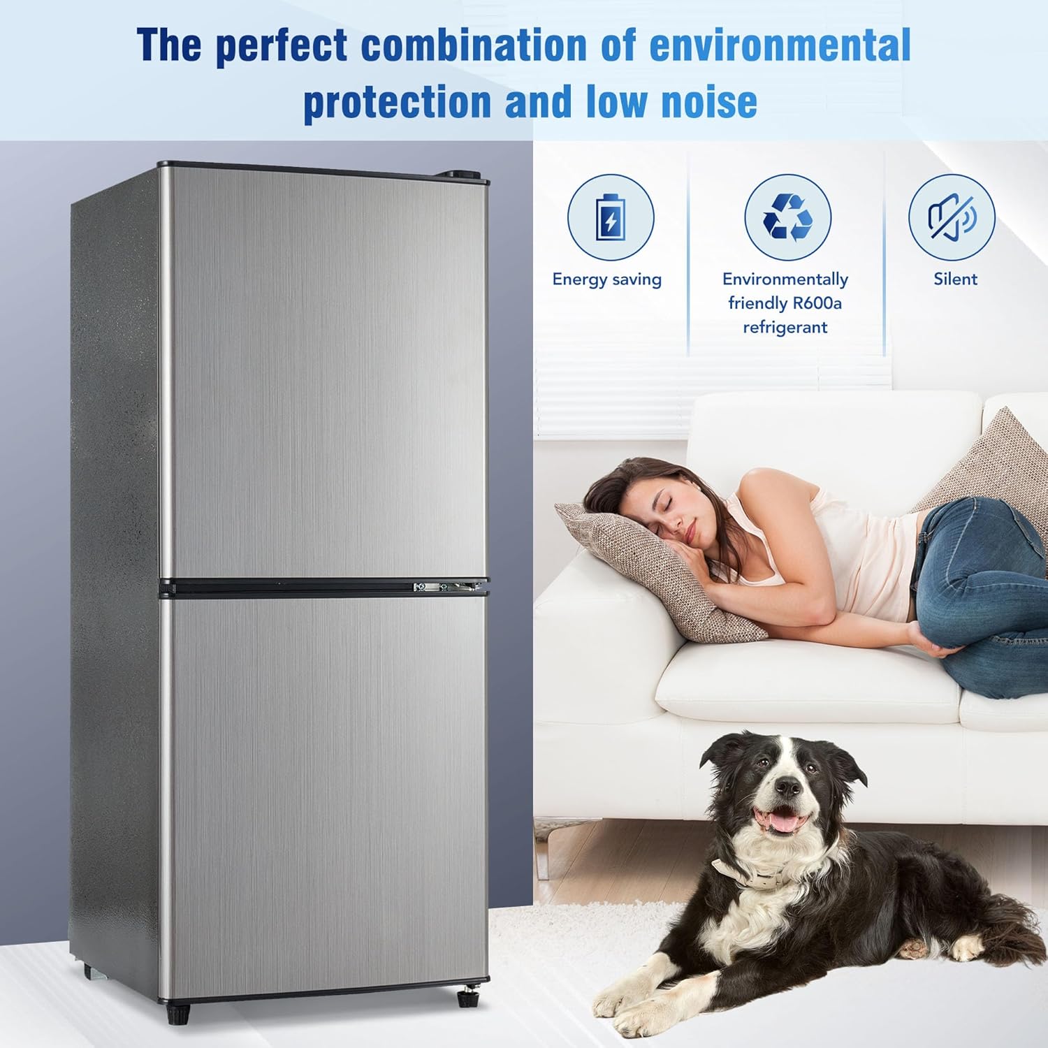 3.6Cu.Ft Refrigerator, Small Fridge with 2.2+1.4Cu.Ft 4 Star Freezer, Refrigerator with Double Door, LED Lighting, Adjustable Shelves, for Homes, Offices, Apartment, 16.73"×17.52"×40.16 "