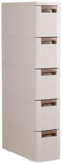 Feibrand 5 Storage Drawers Rolling Cart Organizer Plastic Drawers Unit on Wheels Tower Narrow Slim Container Cabinet for Bathroom Bedroom 17.7 x 7 x 38.8 Inches
