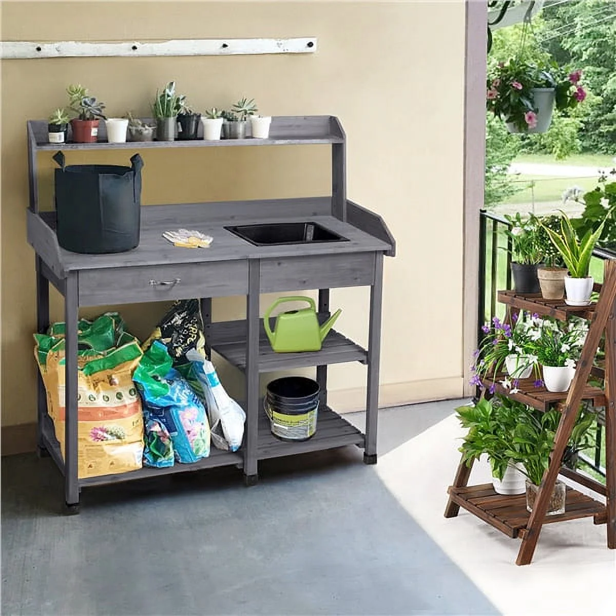 SmileMart Wooden Garden Potting Bench Work Bench Station Planting Bench with Sink Drawer Rack